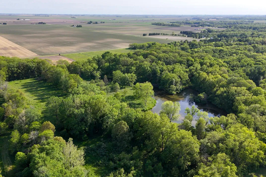 overhead view of forest and farmland