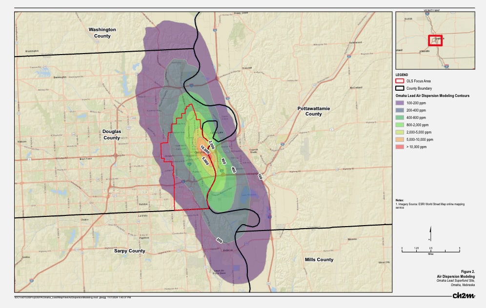 A heat map shows a plume across Nebraska and Iowa