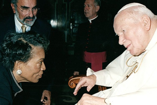 While working for the United Nations in Rome, Clayton met with Pope John Paul II to engage the Catholic church in the effort to halve world hunger. (Photo courtesy of Eva Clayton)
