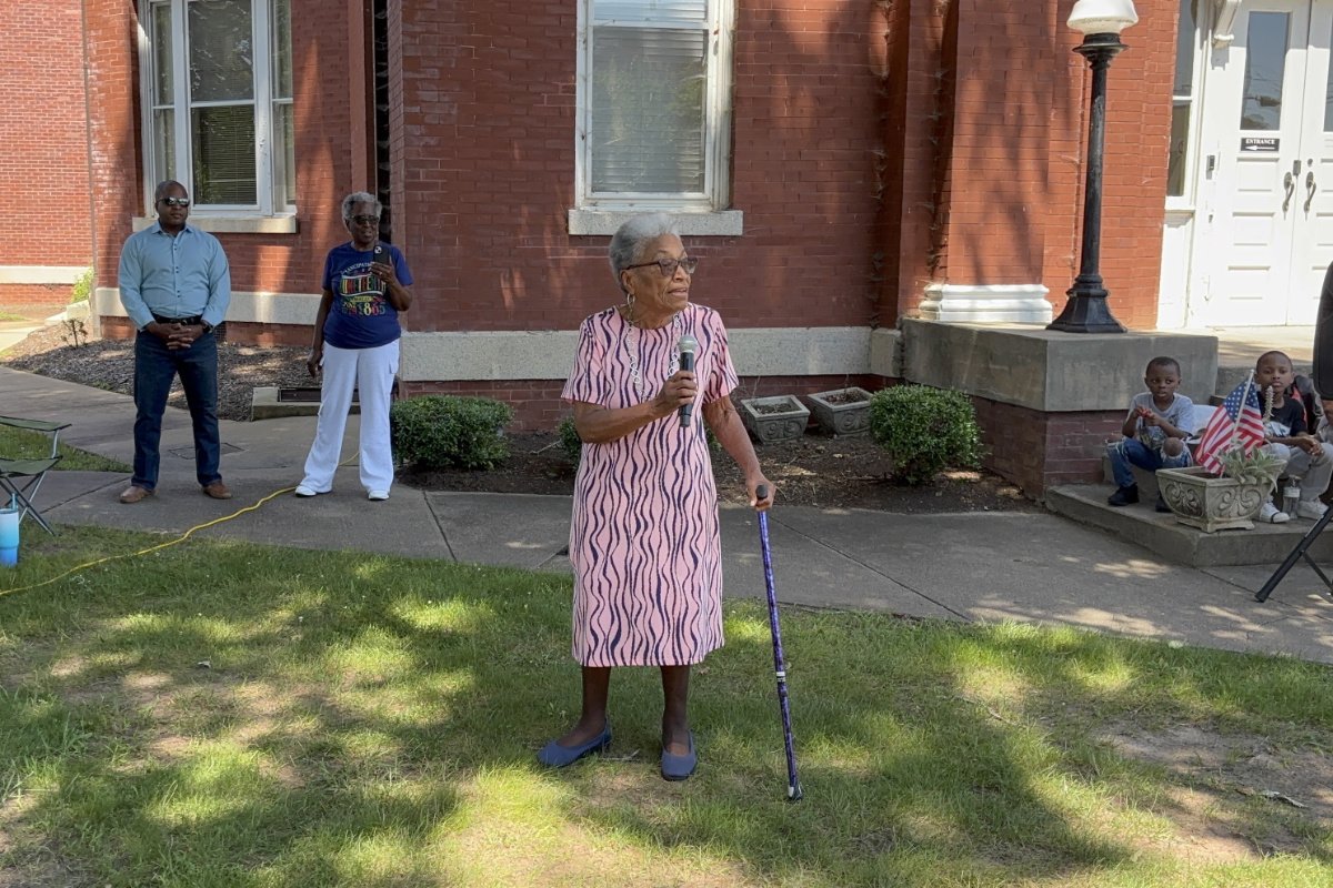 Eva Clayton addresses a crowd in Warrenton, North Carolina, at the town’s Juneteenth celebration this year. (Photo credit: Christina Cooke)
