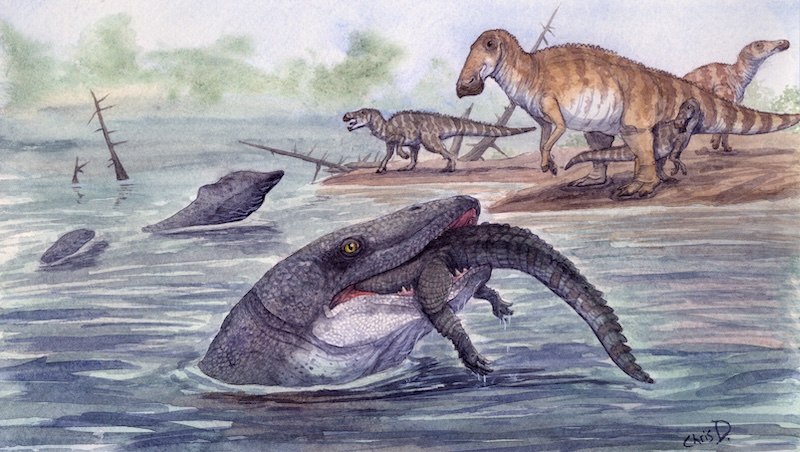 Large reptile's head above water in a river with a crocodile in its mouth, with dinosaurs on the shore.