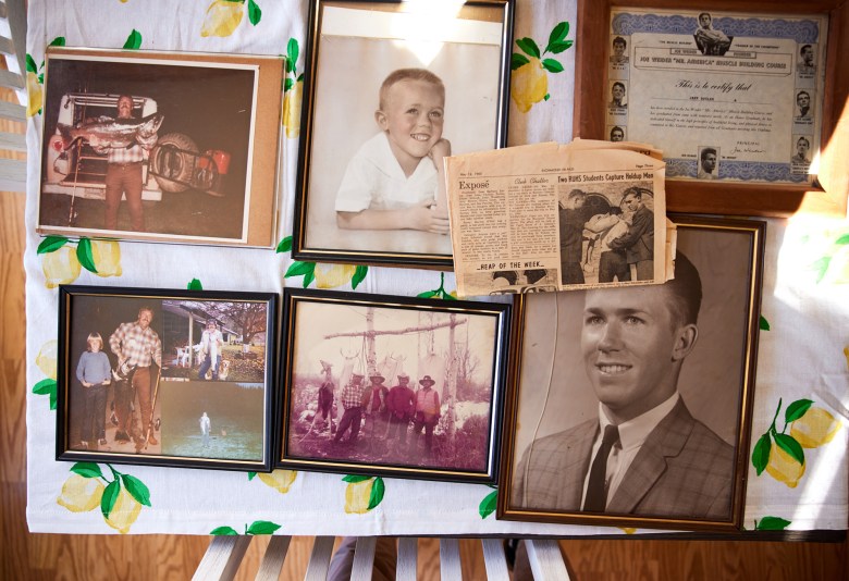 An assortment of black-and-white photos and a newspaper clipping hanging on a board with a white background, with lemons designed on it.
