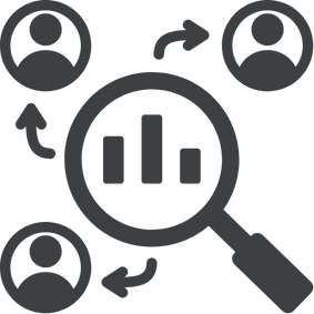 Pictogram van een vergrootglas over een staafdiagram met verbonden gebruikersprofielen dat concurrentieonderzoek voorstelt