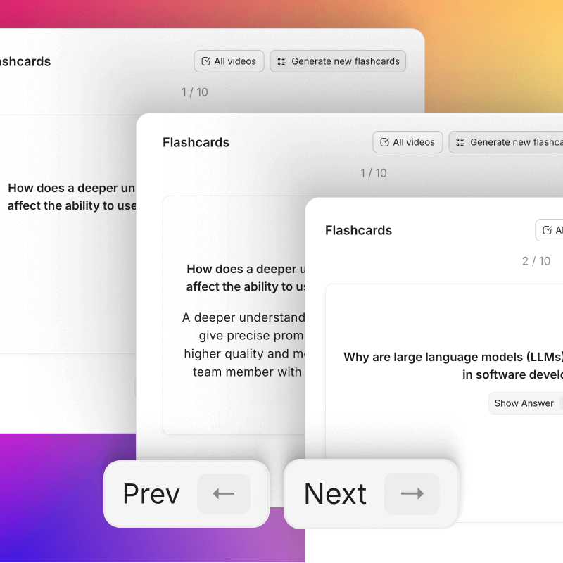 User interface of a flashcards app showing stacked cards with questions about understanding prompts and language models, and Prev and Next navigation buttons.