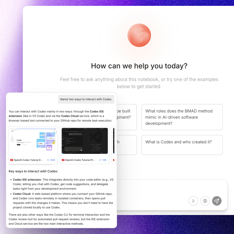 Screenshot of an AI assistant interface with the prompt 'How can we help you today?' and example questions about Codex, with a detailed tooltip explaining two ways to interact with Codex: Codex IDE extension and Codex Cloud service.