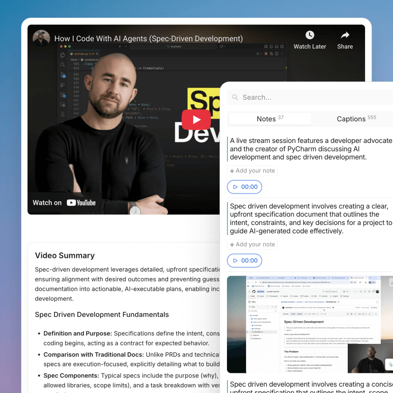 Screenshot of a YouTube video titled 'How I Code With AI Agents (Spec-Driven Development)' showing a presenter with crossed arms, and a detailed text summary about spec-driven development and AI-generated code.
