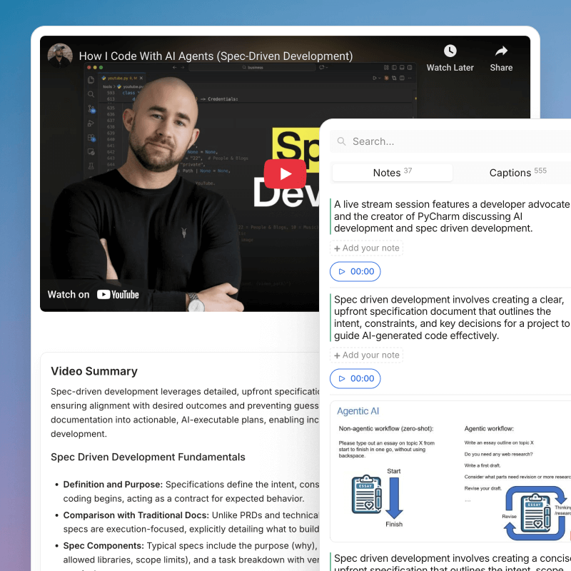 Screenshot of a YouTube video titled 'How I Code With AI Agents (Spec-Driven Development)' showing a presenter with crossed arms, and a detailed text summary about spec-driven development and AI-generated code.