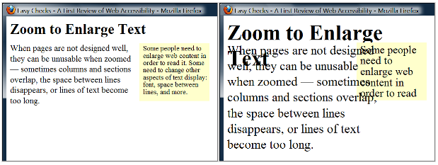 Two screen captures show that when text size is increased, the heading overlaps the main text, the main text overlaps the sidebar text; and the sidebar text is cut off at the bottom.