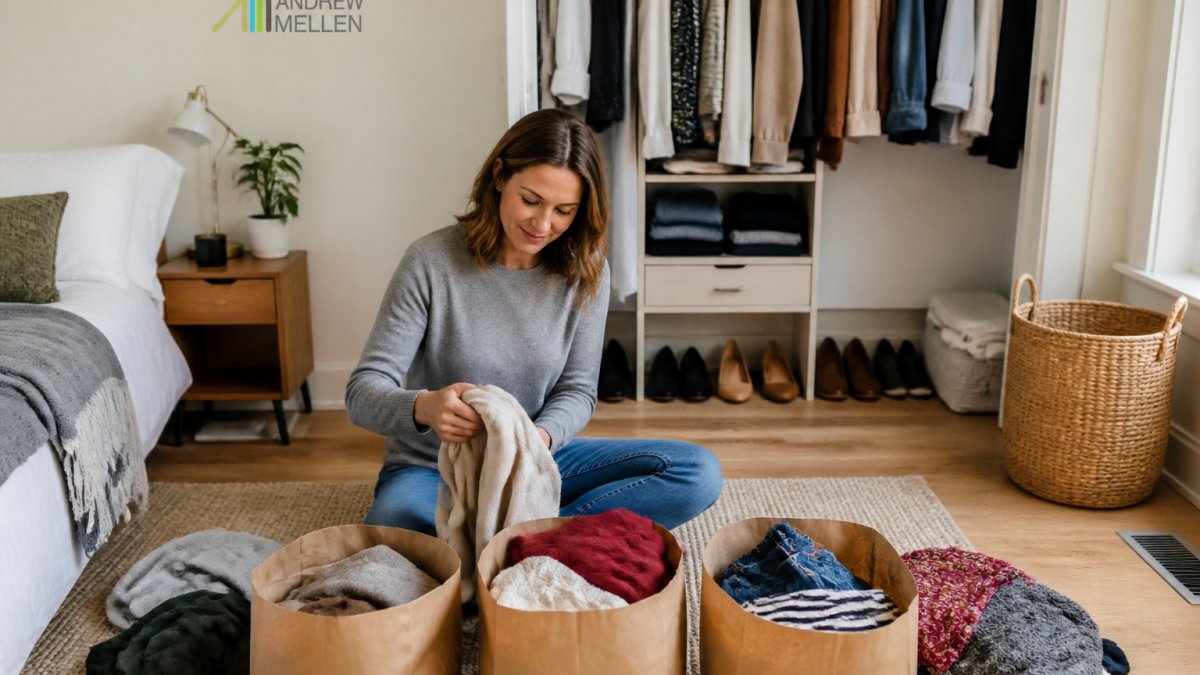 A person sitting on the floor of a bedroom, sorting a pile of clothing into three paper bags labeled donate, toss, and keep, with a closet partially cleared behind them