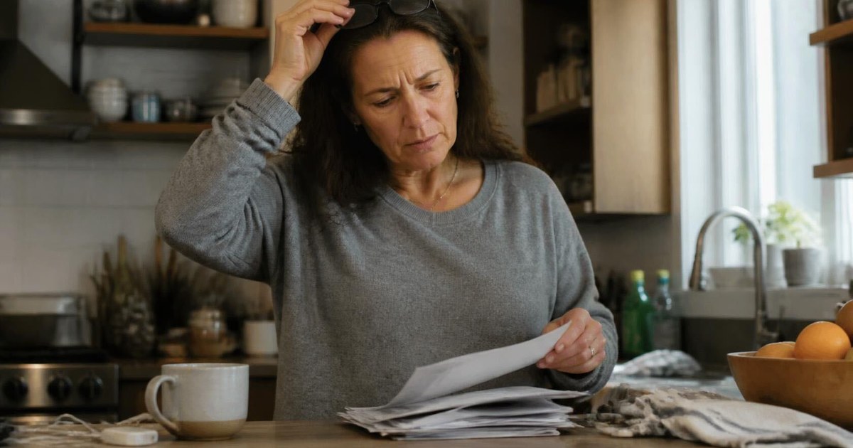 Woman in her kitchen searching through papers with her hand on her head, looking puzzled.