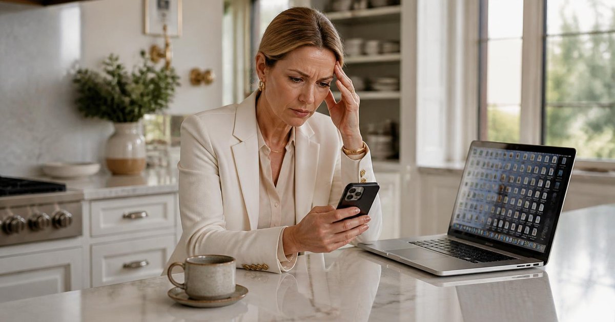 Woman in a cream blazer at a white marble kitchen island, frowning at her phone, with an open laptop showing a cluttered desktop beside her.