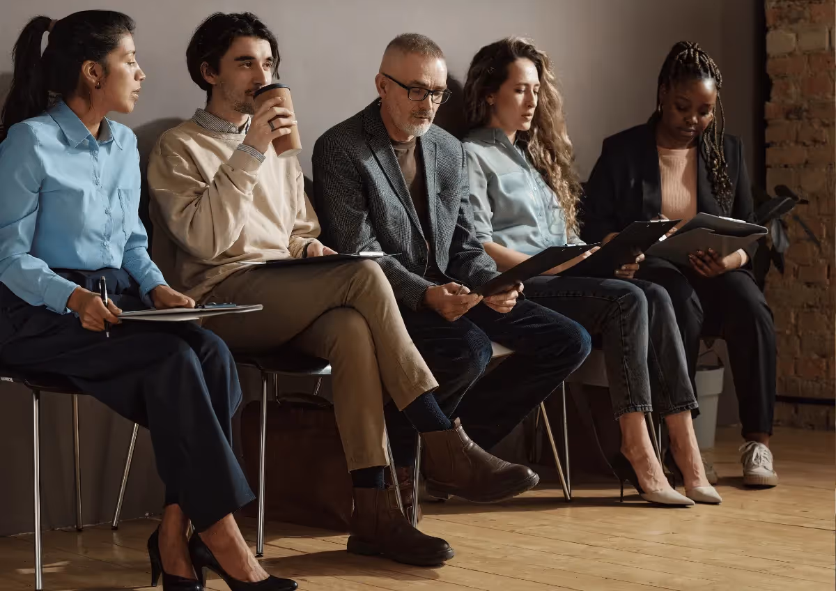 Group of potential hires sitting outside of an office waiting for their turn to interview