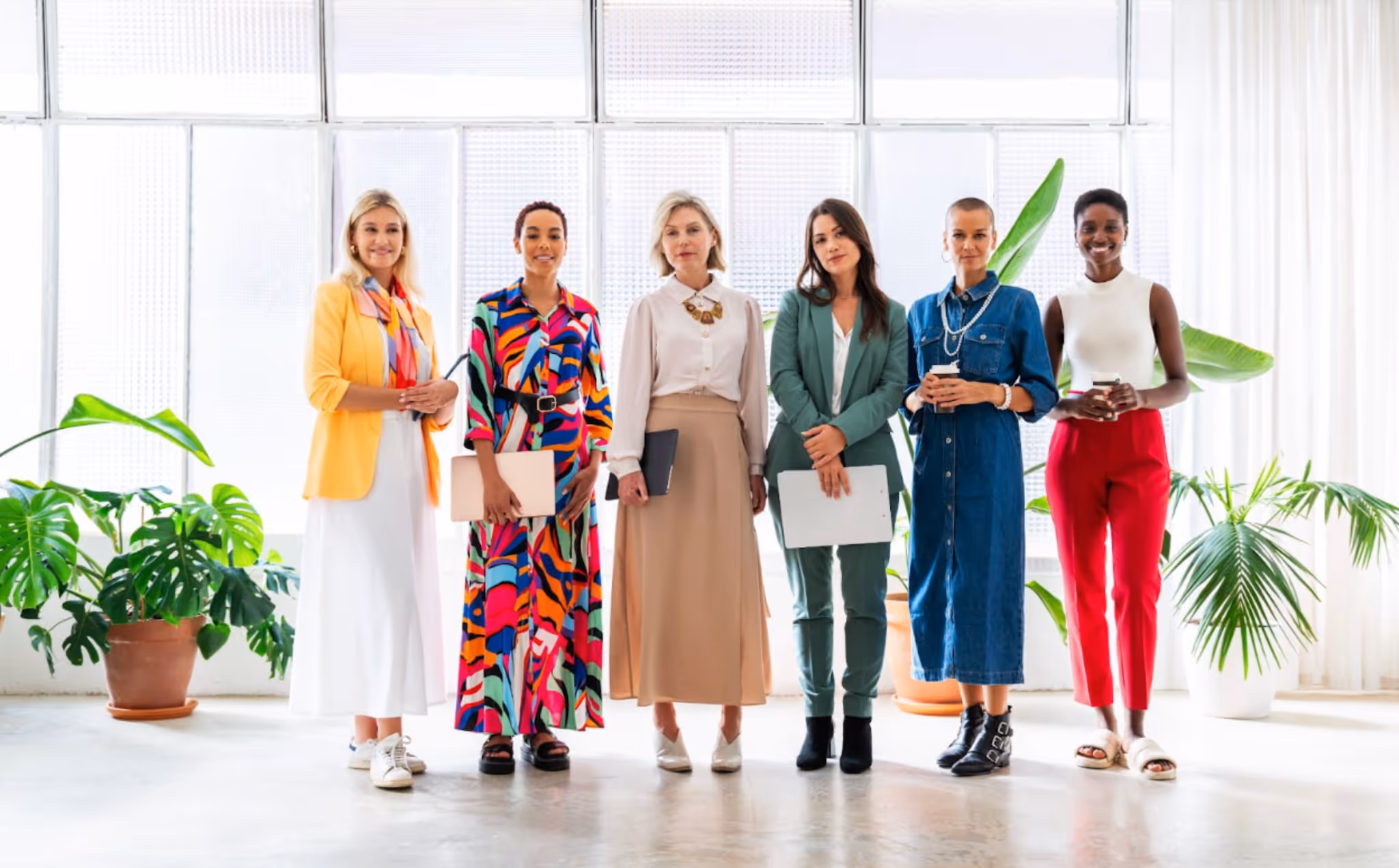 Women in the workplace standing side by side