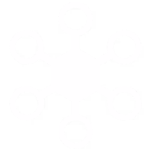 White hub-and-spoke network icon with six outer circles connected to a central hexagon on a black background.