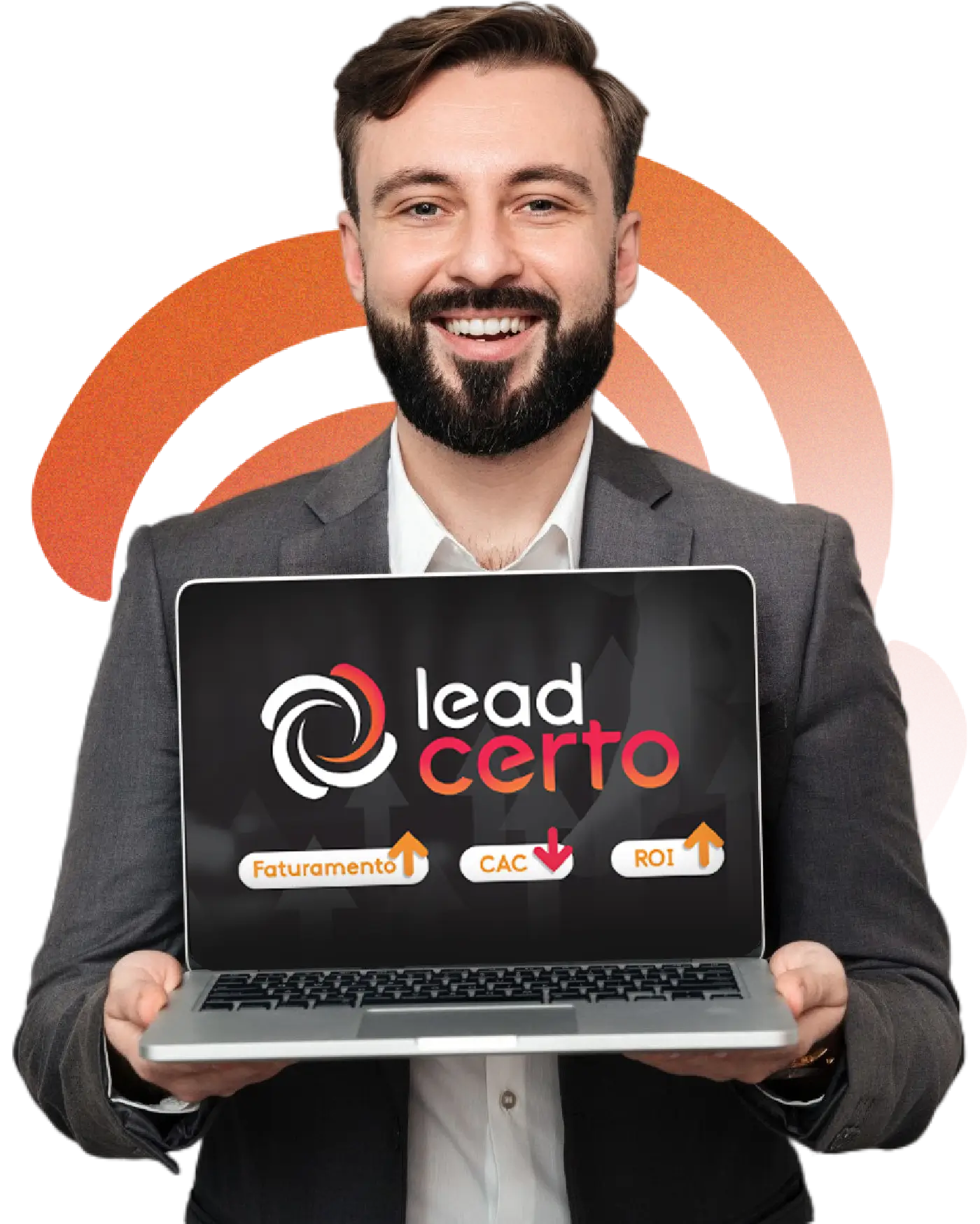 Homem segurando computador contendo a logo do lead certo