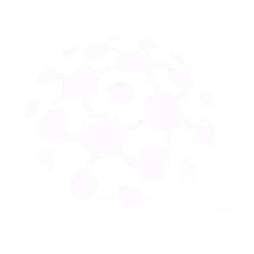 Abstract white molecular network structure with connected nodes on a black background.