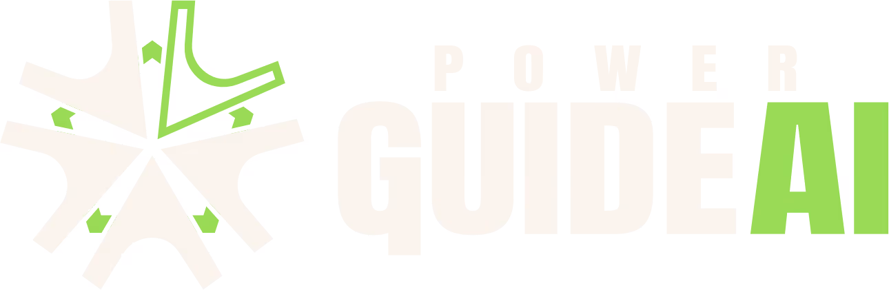 Logotipo do PowerGuide AI com estrela formada por setas verdes e texto em letras maiúsculas.