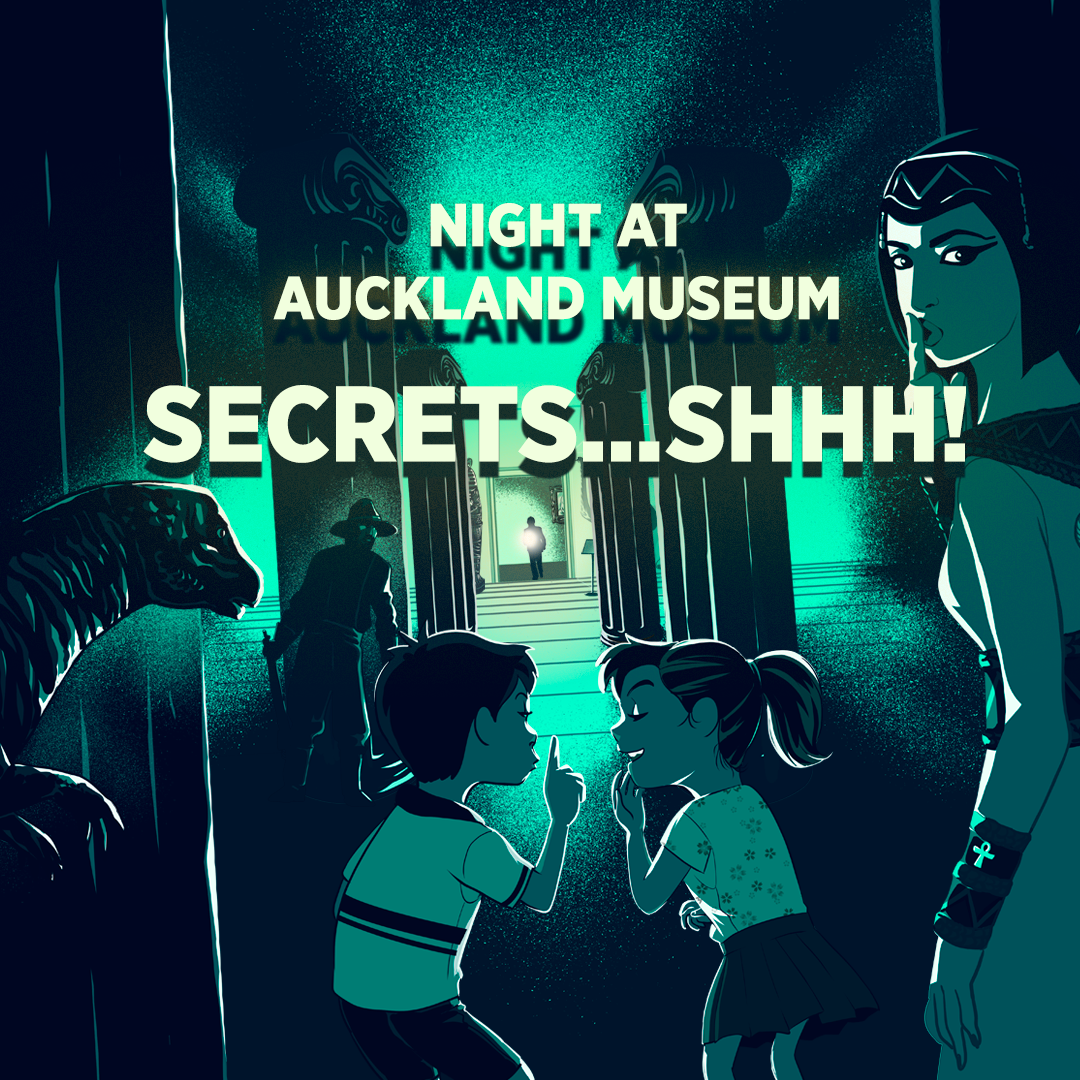 Campaign creative for Night at Auckland Museum Secrets Shh event an illustrated style showing children exploring the museum after hours.