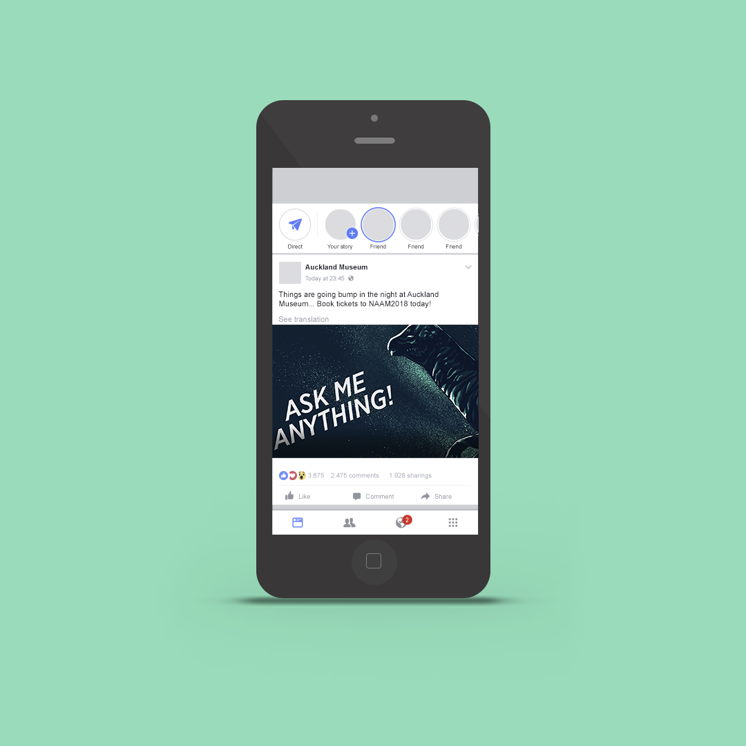Mobile mockup of Night at Auckland Museum Secrets Shhh campaign on mobile for social media.