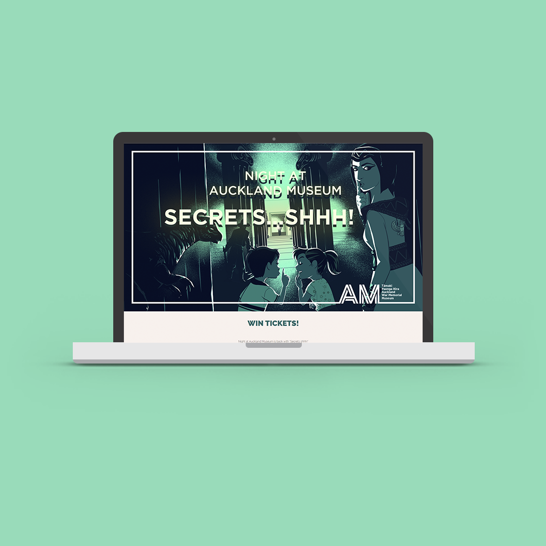 Campaign mockup for Night at Auckland Museum Secrets Shh event, showcases the event competition on desktop.