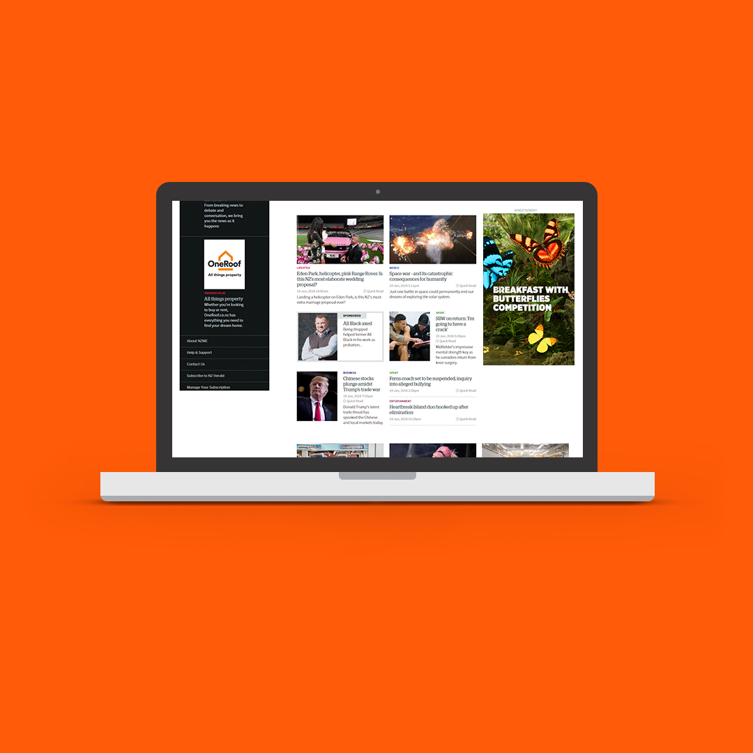 Campaign creative mockup for Secret World of Butterflies showcasing NZ Herald homepage.