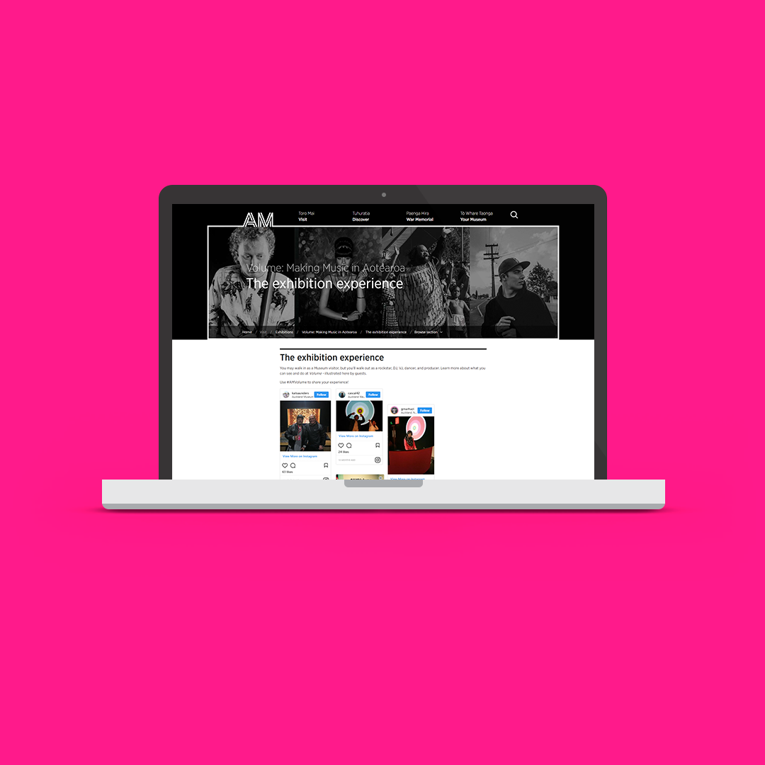 Desktop mockup showing the social media campaign supporting the Volume Making Music in Aotearoa exhibition.