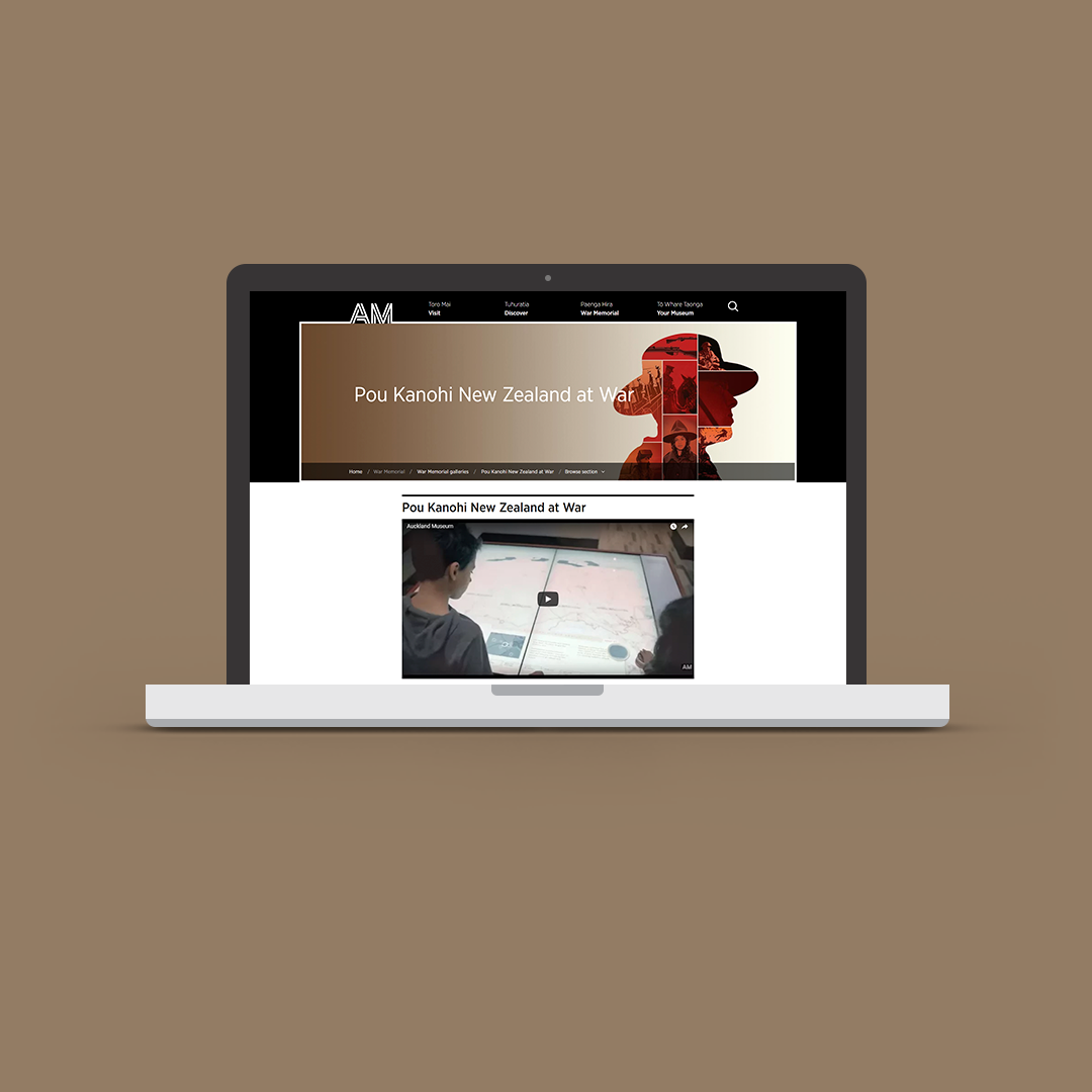 Desktop mockup of the Auckland Museum website showcasing the Pou Kanohi exhibition page.