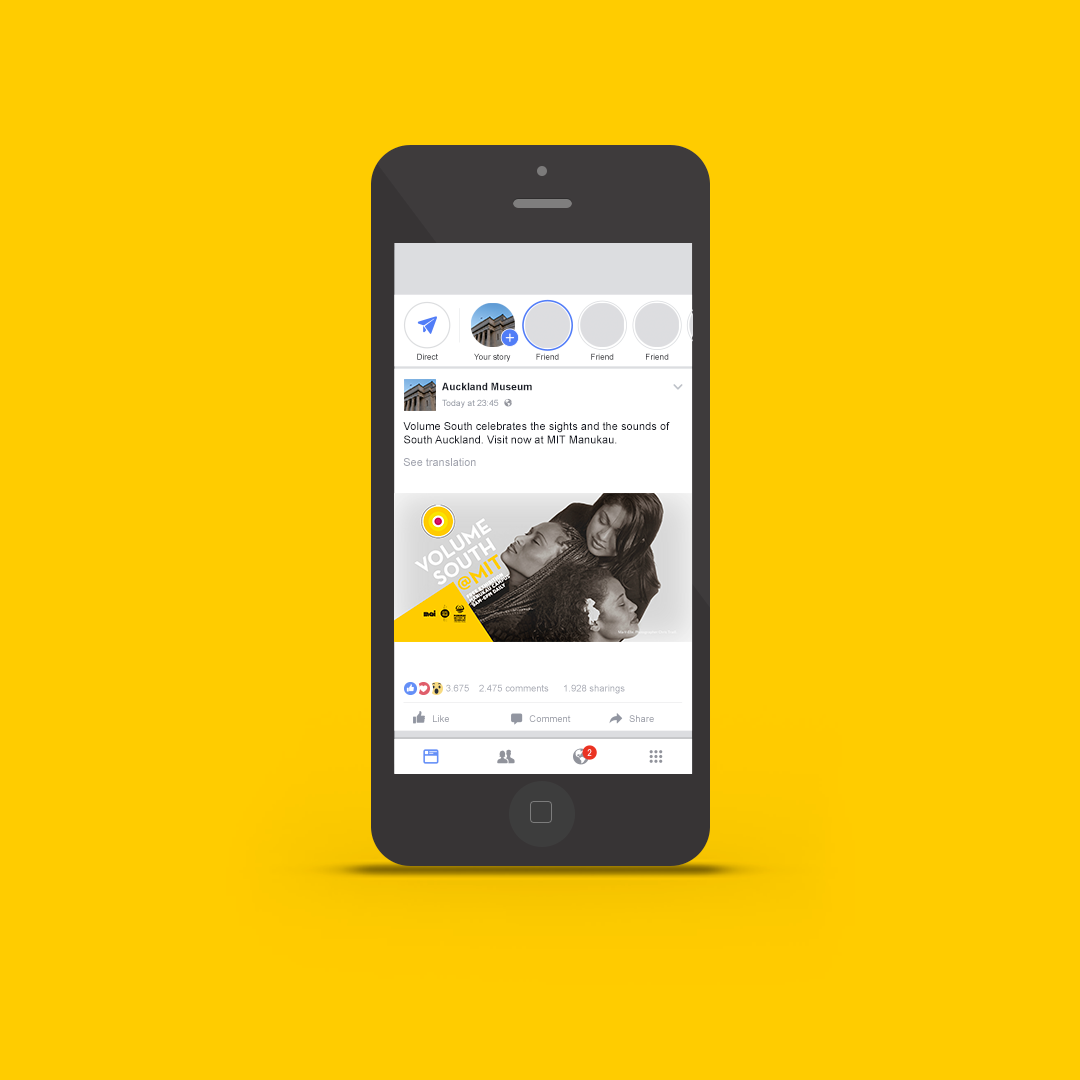 Mobile device mockup for Voluem South featuring campaign creative in a social media post.