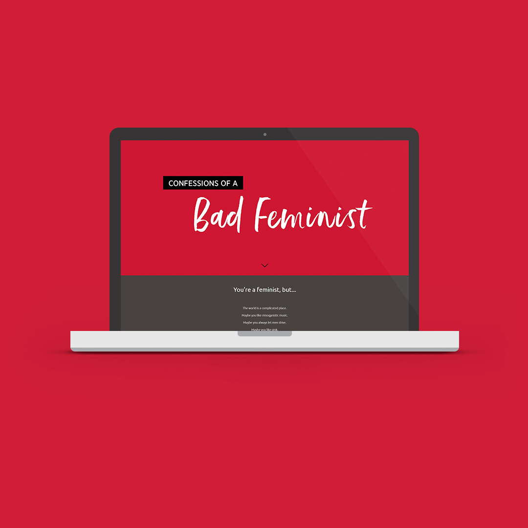 Desktop mockup of the Bad Feminist campaign as part of the exhibition Are We There Yet, features red graphic design.