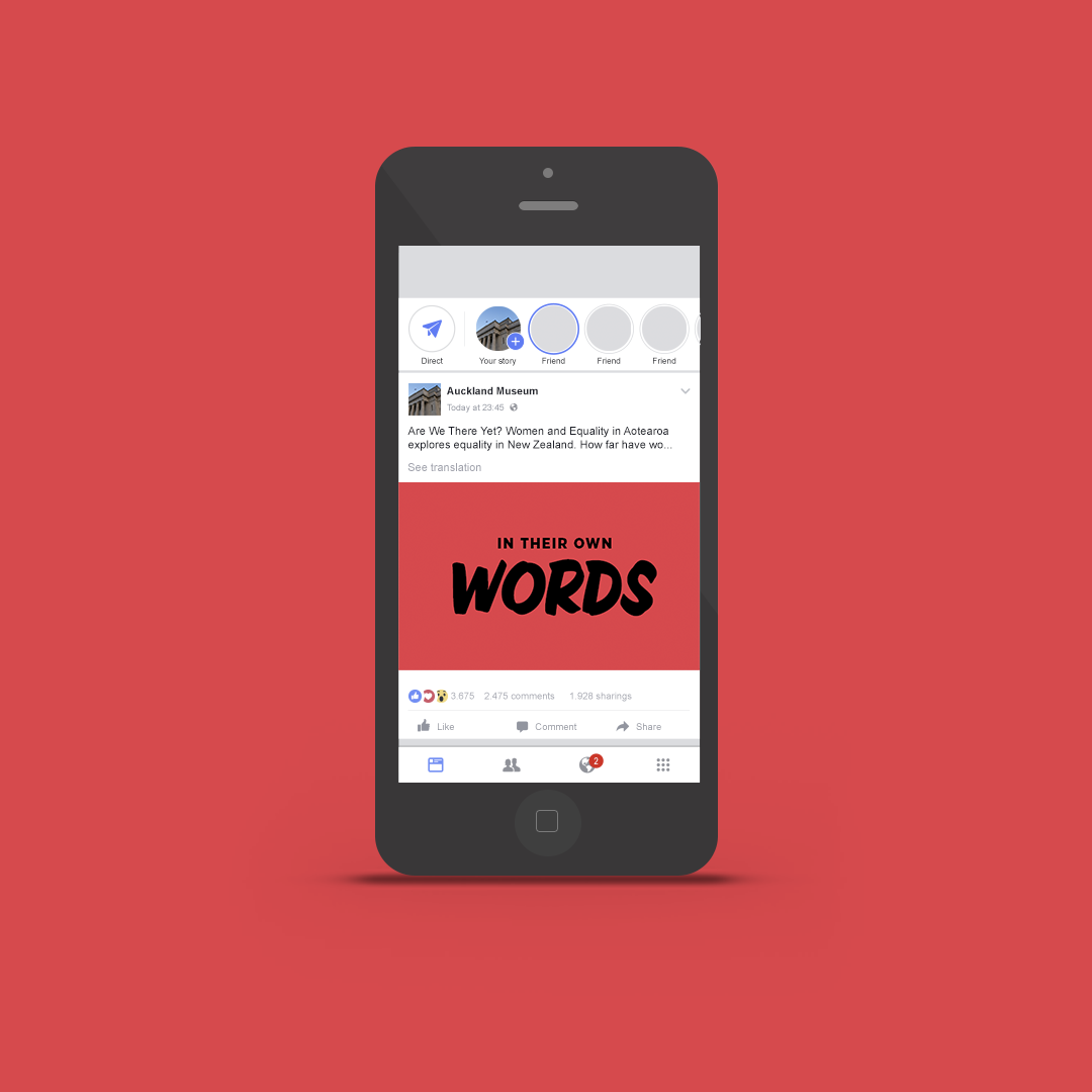 Mobile device mockup for In Their Own Words a contribution social media campaign for Are We There Yet an exhibition at Auckland Museum.