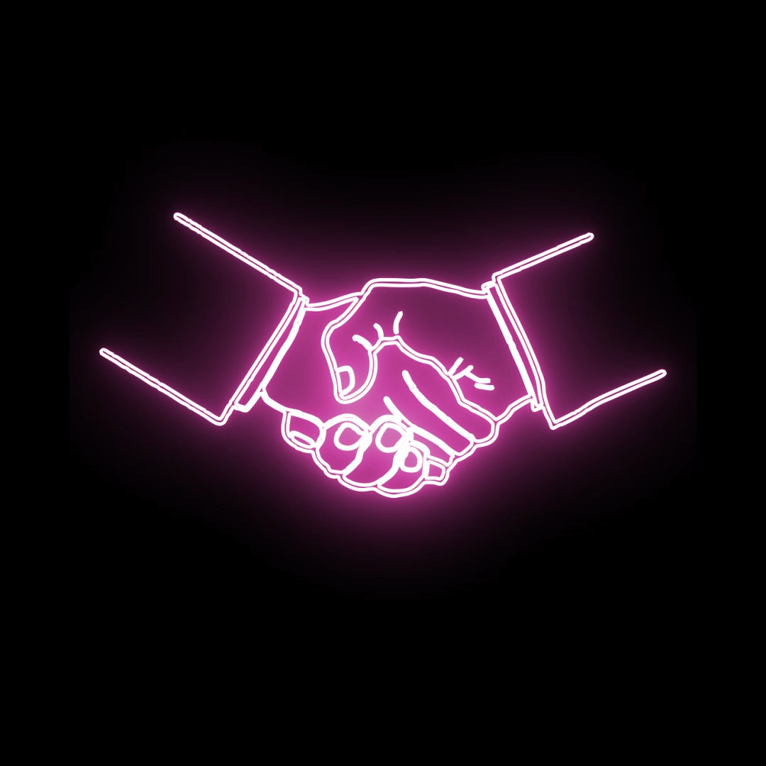 Illustration of hands shaking in a neon design for the event series LATE at the museum