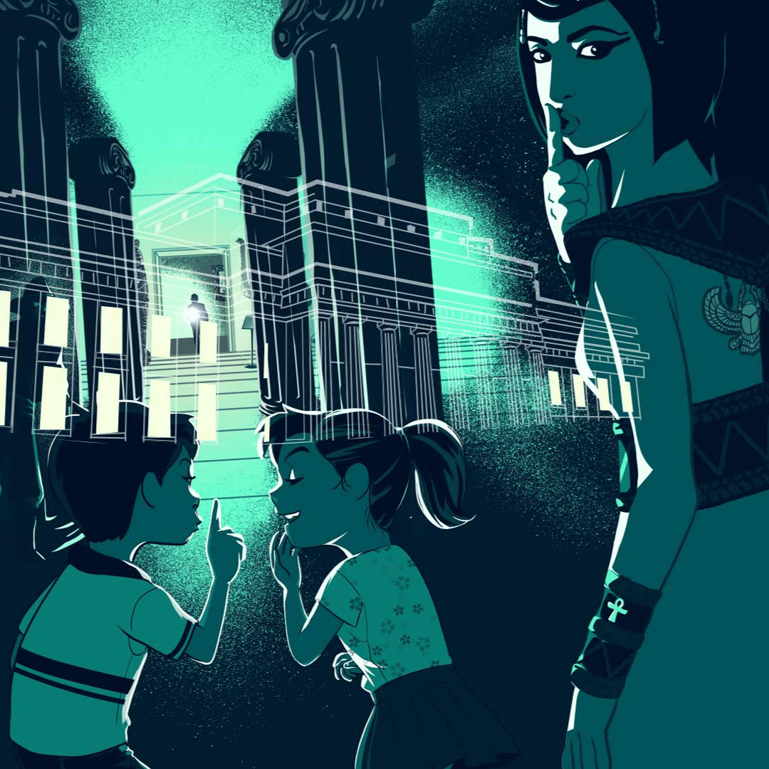 Illutration of a museum at night with two children and an adult for the event Night at Auckland Museum