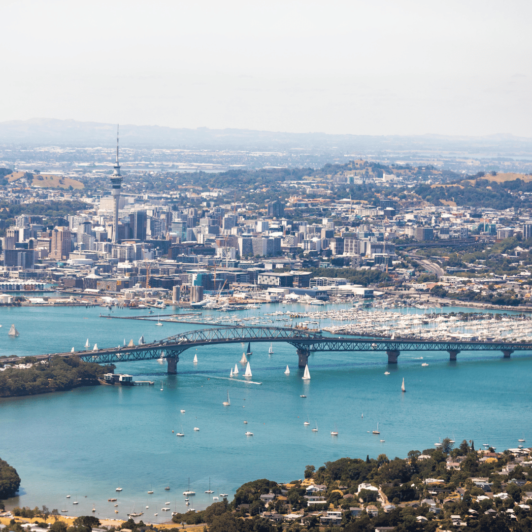 Photograph of Auckland city from above featuring the Auckland harbour bridge