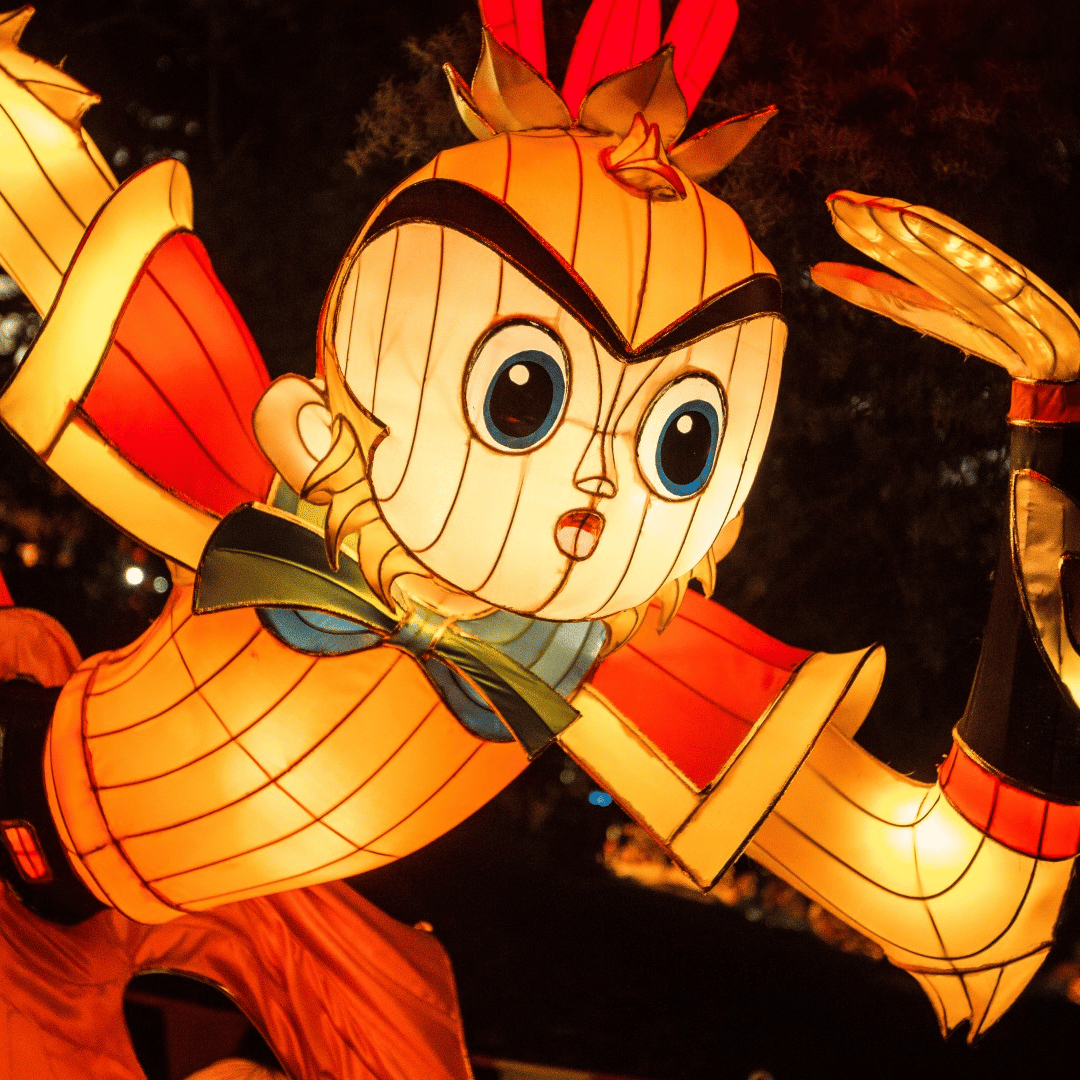 Photograph of lantern festival installation of a man in a bowtie