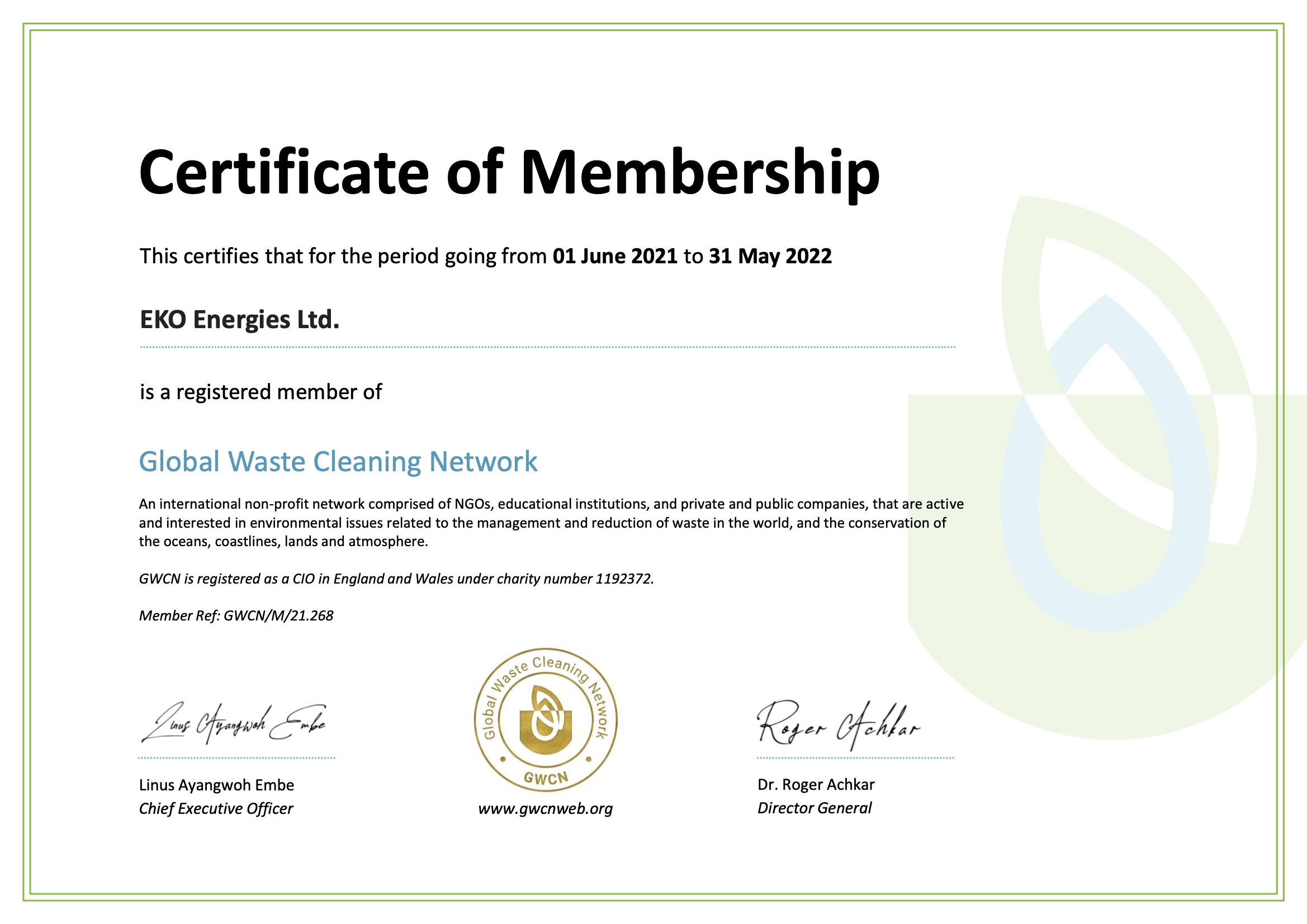 Certificate of membership for EKO Energies Ltd. in Global Waste Cleaning Network