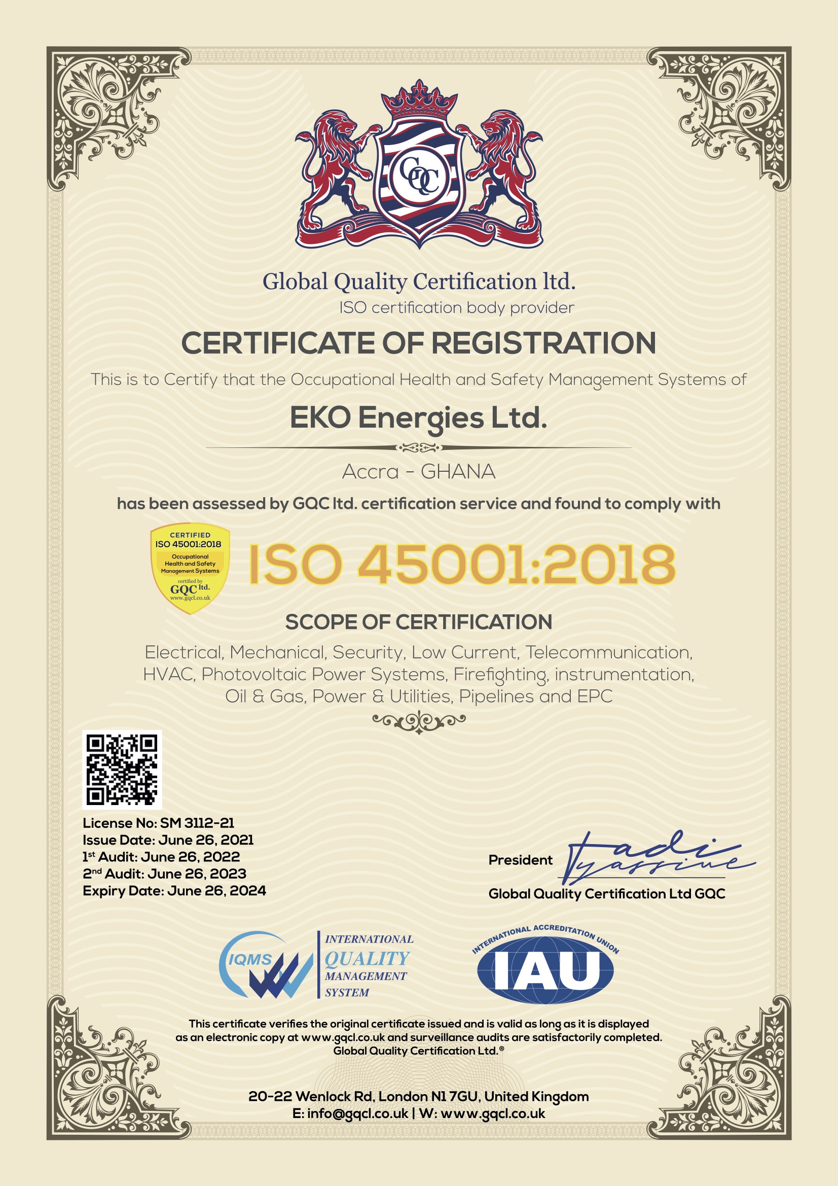 Certificate of Registration for EKO Energies Ltd. in compliance with ISO 45001:2018
