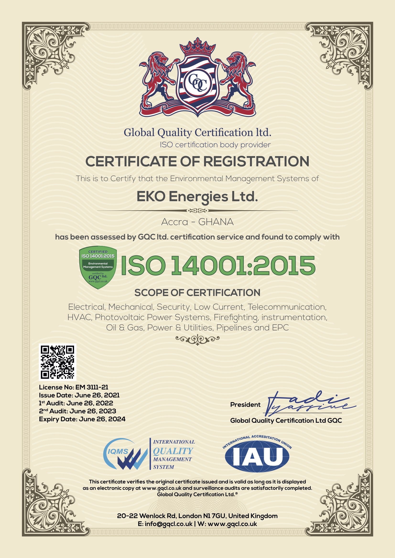 Certificate of Registration for EKO Energies Ltd. in compliance with ISO 14001:2015
