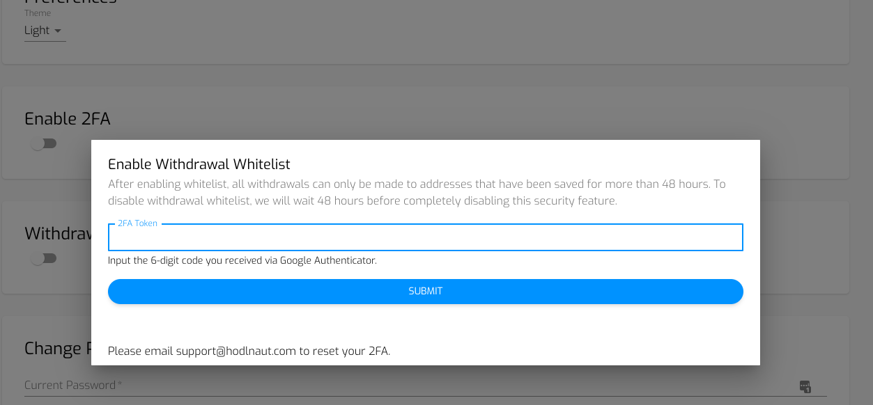 Enable the Withdrawal Whitelist feature