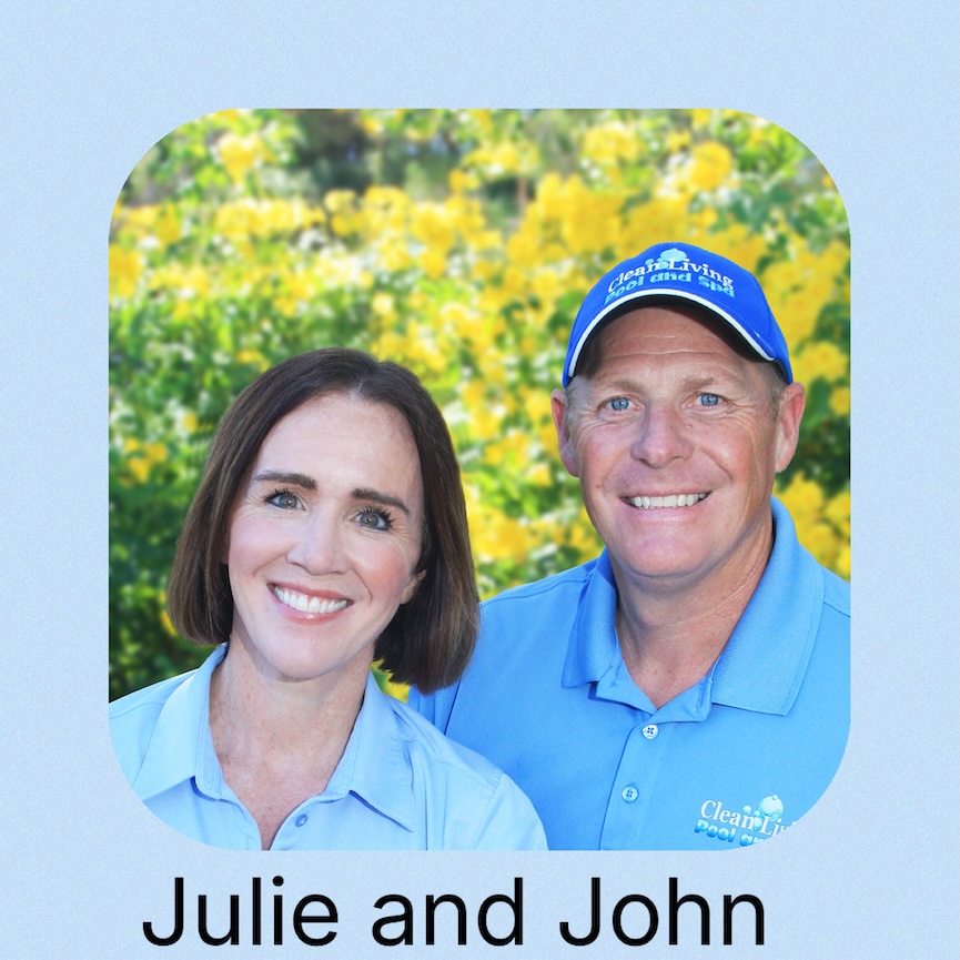 Two individuals pose wearing shirts for Clean Living Pool and Spa