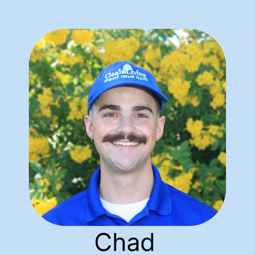 A person wearing a blue "Clean Living Pool and Spa" shirt