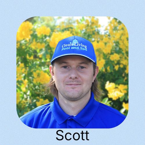 A person in a blue polo shirt and a cap with "Clean Living Pool and Spa"