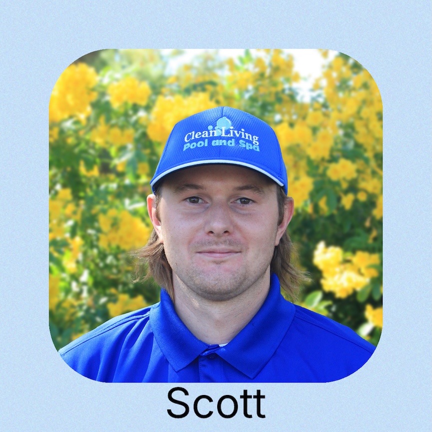 A person in a blue polo shirt and a cap with "Clean Living Pool and Spa" 