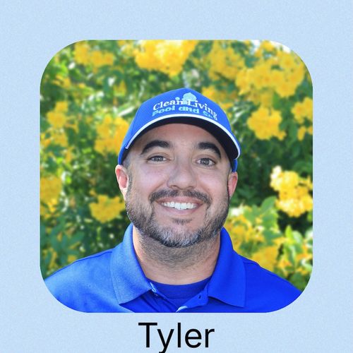 A person in a gray t-shirt and a cap with "Clean Living Pool and Spa"