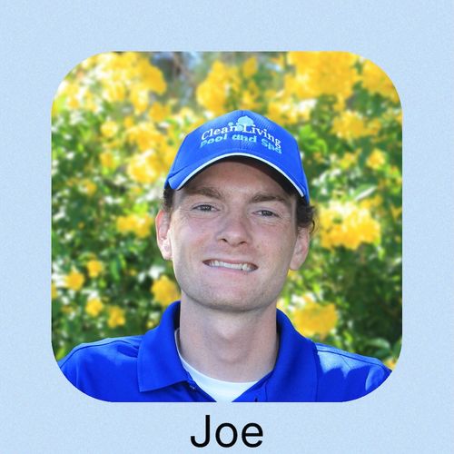 A person in a gray t-shirt and a cap with "Clean Living Pool and Spa"