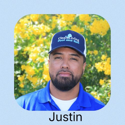 A person in a gray t-shirt and a cap with "Clean Living Pool and Spa"