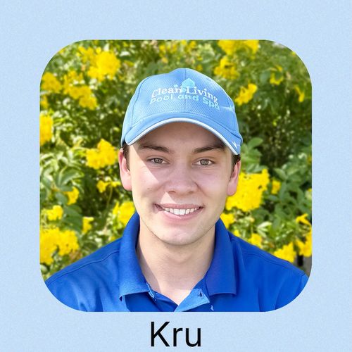 A person in a blue t-shirt and a cap with "Clean Living Pool and Spa"