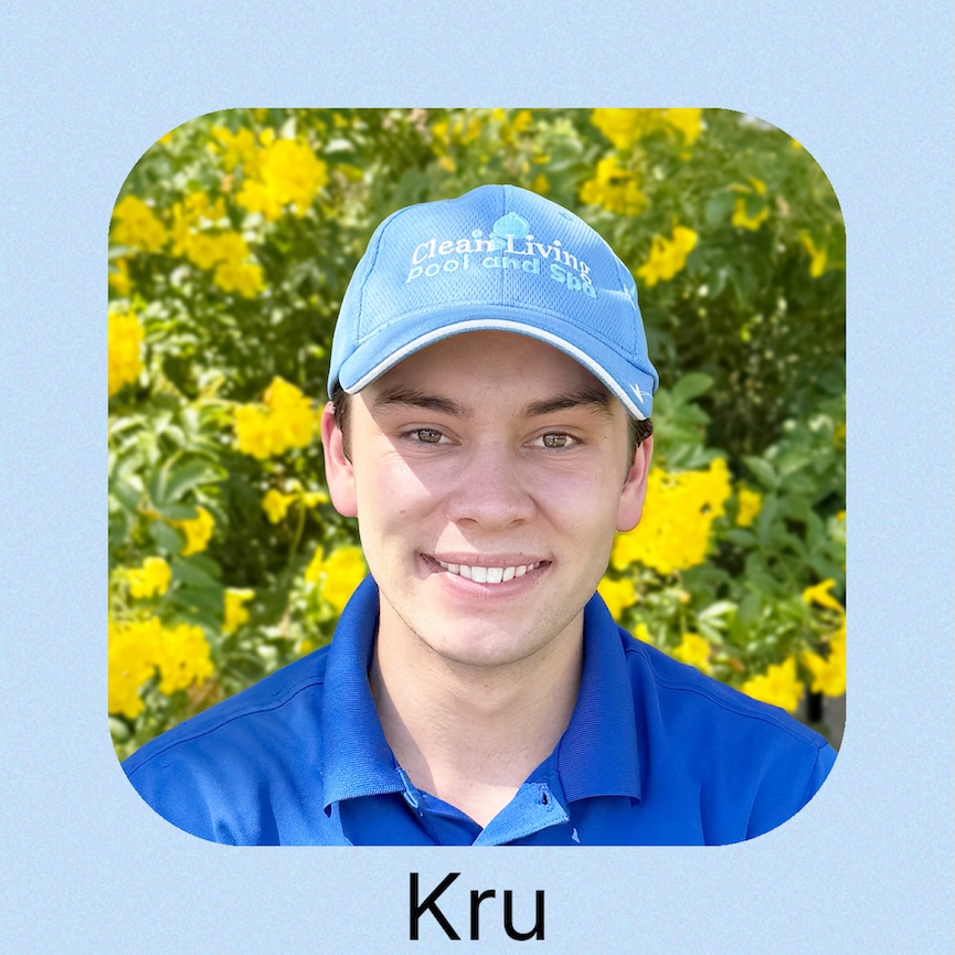 A person in a blue t-shirt and a cap with "Clean Living Pool and Spa" 