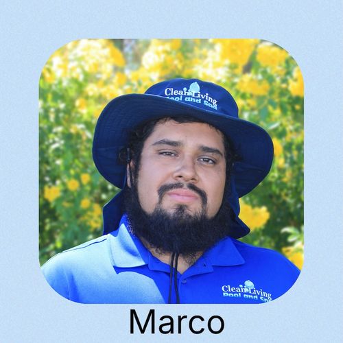 A person in a gray t-shirt and a cap with "Clean Living Pool and Spa"