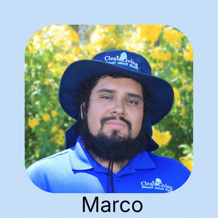 A person in a gray t-shirt and a cap with "Clean Living Pool and Spa" 