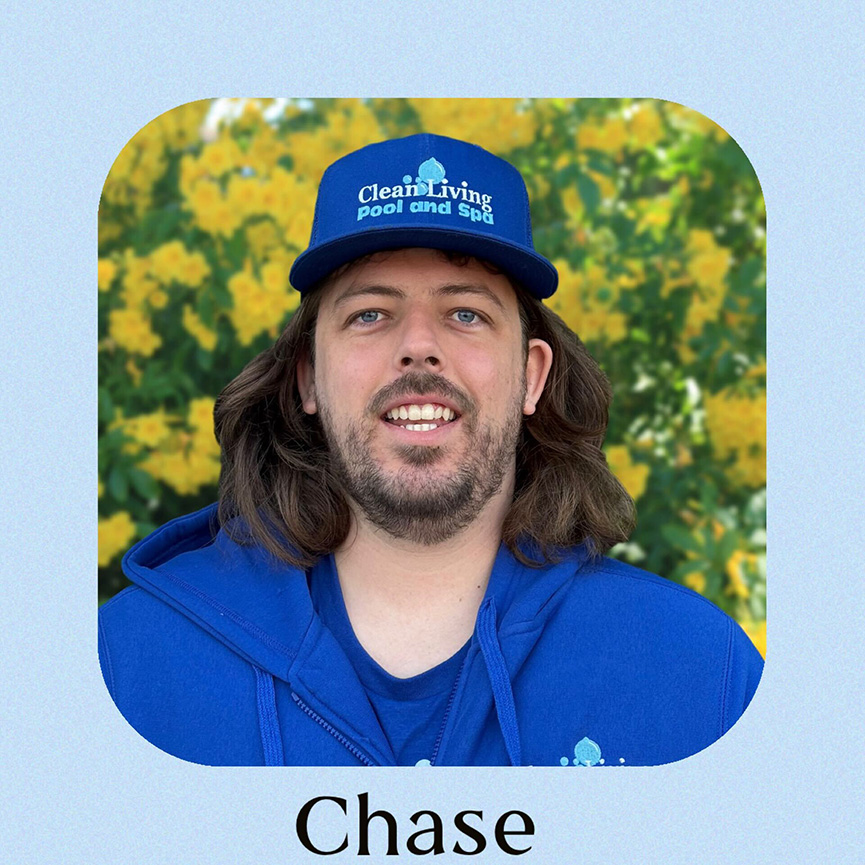 A person in a blue t-shirt and a cap with "Clean Living Pool and Spa"